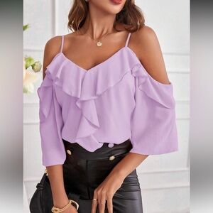 Elegant Purple Ruffle Cold Shoulder Top